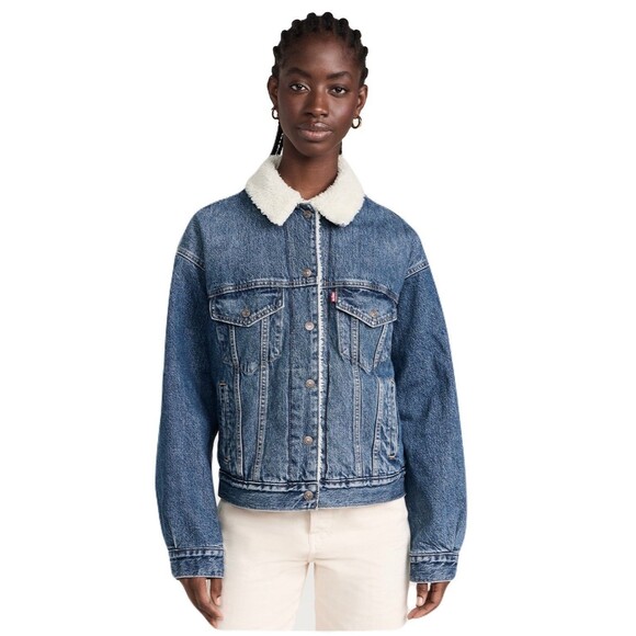 NEW Levis Womens Size XL 90s Denim Trucker Jacket Sherpa Lined Medium Wash $108 - Picture 1 of 9